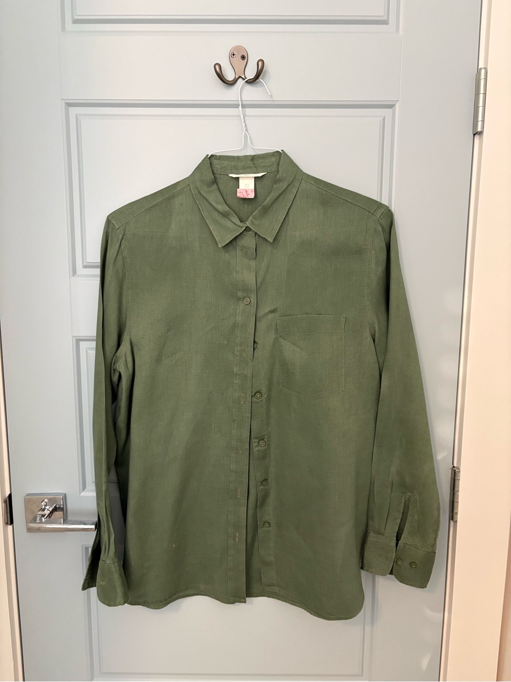 H & M Linen Olive Green Long-Sleeve Button-Up Shirt